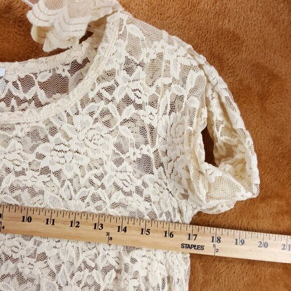 BAR III Top Womens XS Cream Pullover Lace Knit Asymmetrical Shark Bite Sheer - Picture 4 of 6